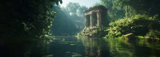 Ancient ruins and serene waterway in lush forested setting