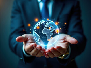 Manos de un hombre de negocios que sostiene una representación 3D del mundo con redes y puntos estratégicos de negocios.
