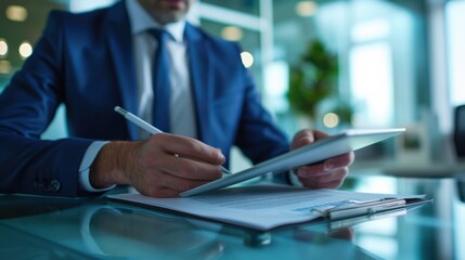Close-up of a business executive reviewing a digital contract on a tablet in a sleek office.