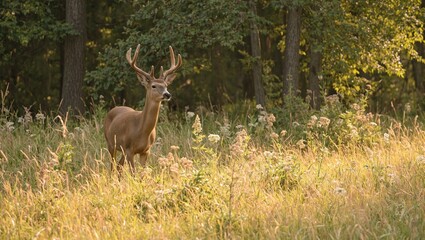 Majestic deer in sunlit forest glade with golden grass and wildflowers Serene nature scene
