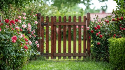 Fototapeta premium Charming Wooden Gate Surrounded by Colorful Rose Bushes in Garden