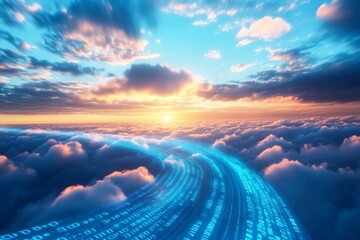 Digital data stream flows above sunset clouds