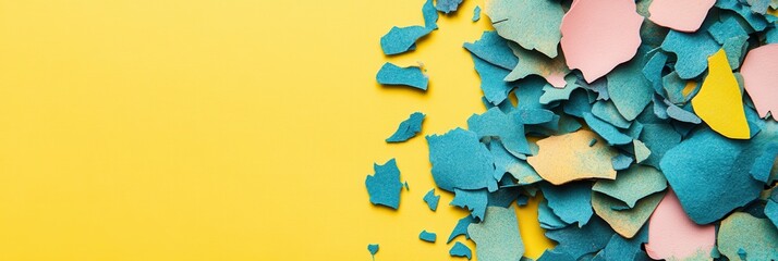 A vibrant arrangement of colorful paper pieces scattered against a bright yellow background, creating a lively and artistic visual display.