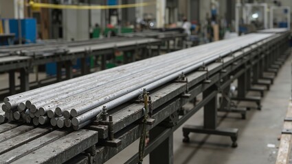 Precision manufacturing of steel rods on automated assembly line Industrial efficiency and quality control in a modern factory setting