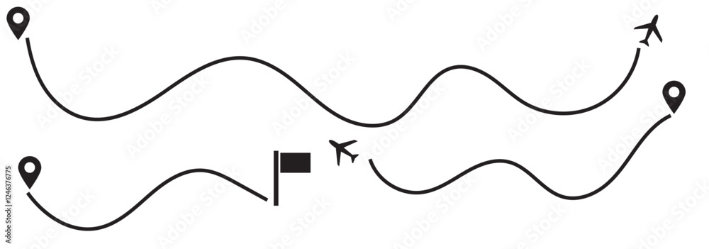 Wall mural route icon - two points with dotted path and location pin. route location icon two pin sign and dott