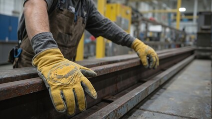 Diligent factory worker examining steel beam with safety gloves Industrial quality inspection concept