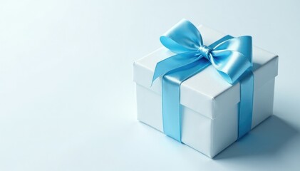 Obraz premium Gift box adorned with icy blue ribbon on white background, decorative, frosty