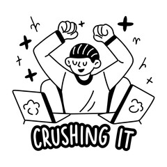 A glyph sticker of frustrated character with “crushing it” typography 

