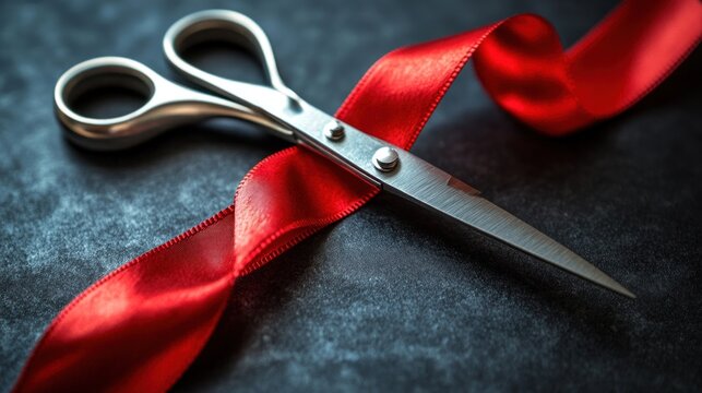 Red ribbon cutting scissors ceremony dark background