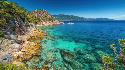 Scenic Coastal Landscape with Clear Blue Water and Rocky Shoreline