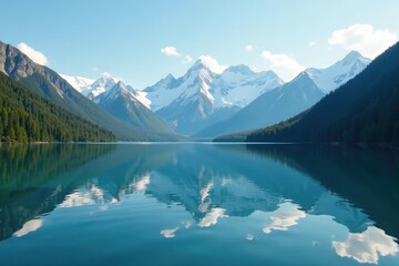 Gentle ripples on the lake's surface create a mirrored effect of surrounding peaks, mirror, sky