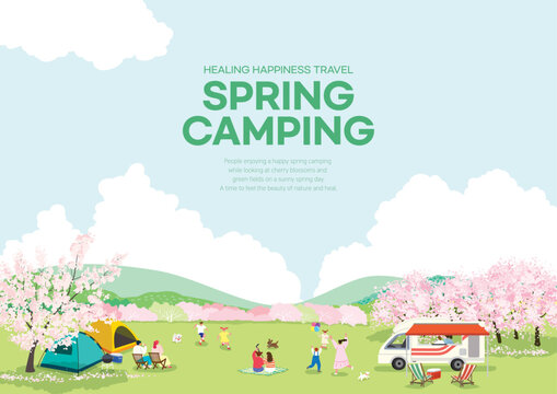 Campers in the open air on a sunny spring day with cherry blossoms in bloom
