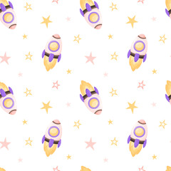 Hand drawn space elements seamless pattern. Space background. Space doodle illustration. Vector illustration. Seamless pattern with cartoon space rockets, planets, stars.