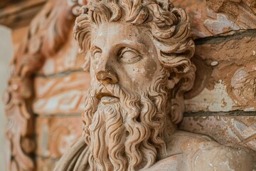 Detailed stone sculpture of a bearded figure with intricate craftsmanship in a historical setting