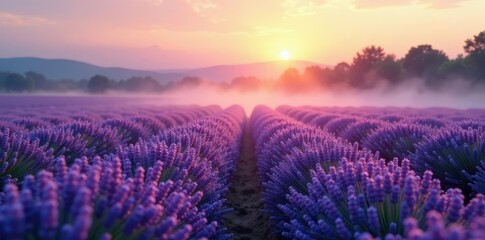 Obraz premium Gentle mist rising from a lush lavender field at dawn, natural, peaceful, mist