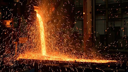 Capturing the mesmerizing transformation of molten steel into a solid plate at a steel mill Industrial beauty in motion