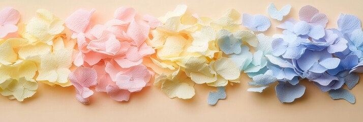 Vibrant petals in various colors scattered across a soft pink surface create a visually striking and harmonious composition.
