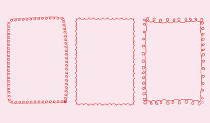 Whimsical Set of 3 hand drawn scribbled rectangular portrait frames for wedding card, party invites, posters etc. Simple elegant line art borders