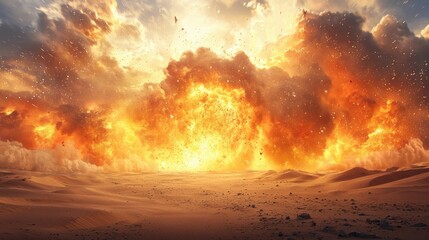 Naklejka premium Dramatic Explosion in Desert Landscape Under Fiery Sky at Dusk