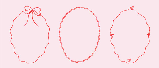 Delicate and chic hand drawn frames on round oval shape. Scribble wavy borders Perfect for invites, wedding templates, logo, branding, brochure, card designing.