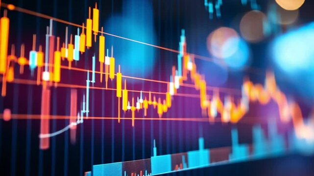 Dynamic Stock Market Chart: Vibrant orange and blue candlestick chart on a dark background depicts dynamic stock market trends, capturing the energy and volatility of financial trading.