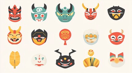 Fototapeta premium Traditional Setsubun Symbols Oni Masks, Roasted Soybeans, Ehomaki, and Lucky Charms