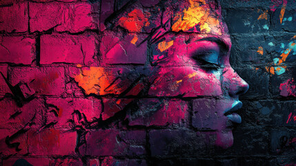Vibrant Mural Art Depicting a Woman's Silhouette on a Textured Brick Wall in an Urban Setting