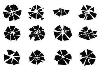 Bullet hole in glass, wall and ground. Ground, wall cracks, break silhouette vector. Cracked glass. Broken window vector