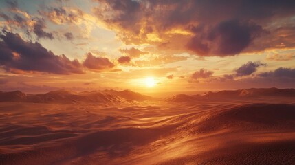 Breathtaking Sunset Over Tranquil Desert Landscape with Dramatic Sky