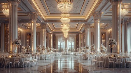 Fototapeta premium Elegant wedding reception hall with luxurious chandeliers and decor