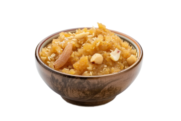 Almond-flavored badam halwa garnished with nuts isolated on transparent background