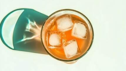Refreshing Beverage with Ice Cubes in a Tall Glass Over Light Background