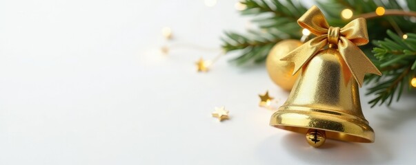 Decorative details of a golden Christmas bell against a simple white background, , golden, bell