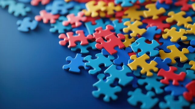 Colorful puzzle pieces scattered on blue surface