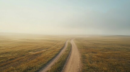 Serene Dirt Path Through Misty Grassland Under Clear Blue Sky
