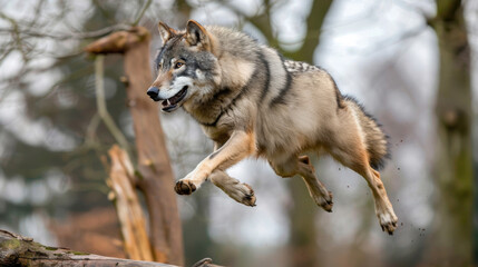 Obraz premium A wolf running fast through the forest. Wildlife.