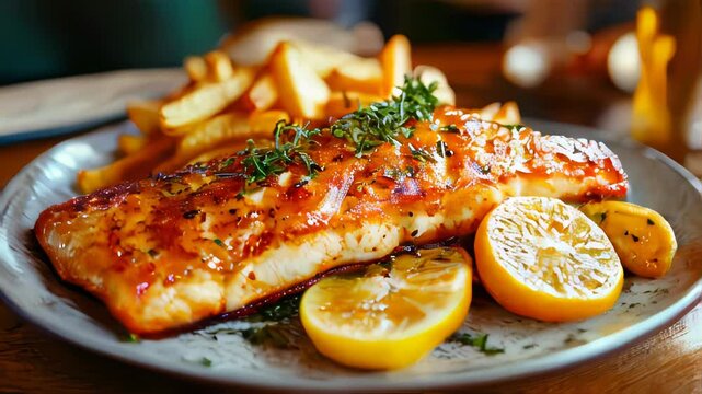 Golden-brown crispy fish fillet with a side of thick-cut fries, garnished with fresh herbs on a rustic wooden table
