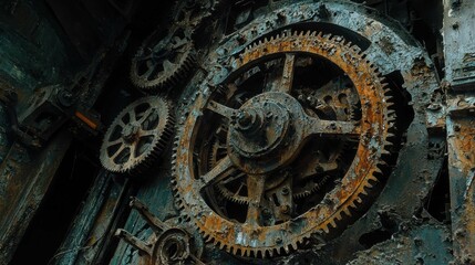 Obraz premium Rusty Gears and Cogs in Abandoned Industrial Setting