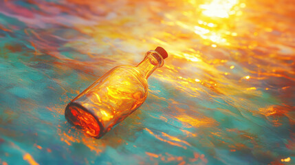 Message in a Bottle Floating on Vibrant Ocean Waves at Sunset Near a Tropical Beach