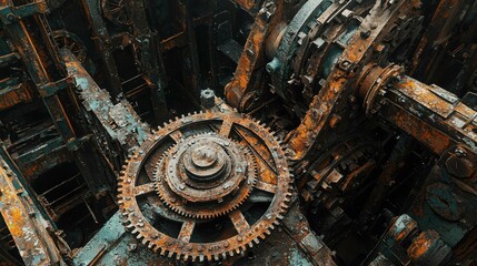 Obraz premium Detailed Close-Up of Rusty Gears and Mechanical Components in Machinery
