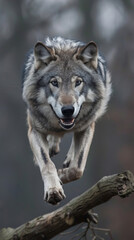 Fototapeta premium Wolf run along a path in the forest and jumping over a fallen tree. Wild animal.