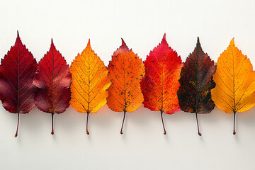 Colorful autumn leaves arranged in a gradient from yellow to red on a clean white background, showcasing fall’s vibrant palette