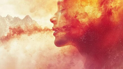 Fiery breath of emotion surreal landscape digital art dreamlike atmosphere close-up view inner strength concept