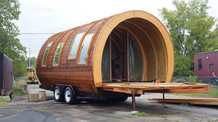 A unique wooden trailer shaped like a barrel, designed for leisure or living purposes.