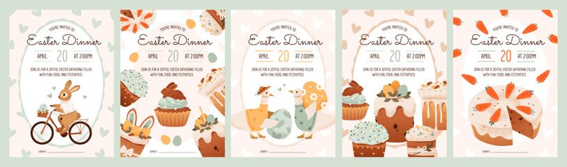 Easter celebration invitation postcards set. Easter holiday composition with traditional baked goods, cute animals, and festive elements. Flat vector illustration.