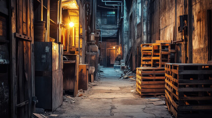 Abandoned Industrial Alley With Wooden Crates and Vintage Lighting During Twilight
