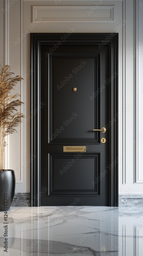 Poster showcasing a sleek door hanger design on a stylish black door within a polished studio, this setting