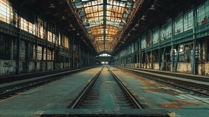 Obraz premium Abandoned Industrial Warehouse with Rusty Tracks and Large Windows