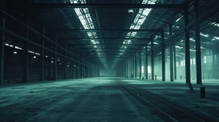 Obraz premium Abandoned Industrial Warehouse with Dramatic Lighting and Shadows