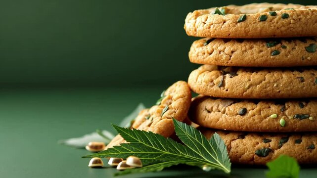Delicious cannabis cookies stacked with hemp leaves and seeds on green background